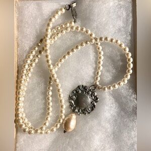 T Foree signed pearl and sterling luggage tag necklace, vintage signed piece